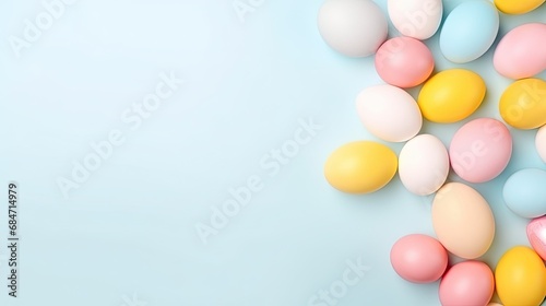 Horizontal banner. Spring Festival. Layout of painted decorated Easter eggs on a blue background with space for text. View from above © Olena
