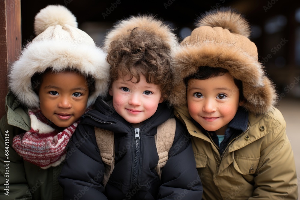 Three young children standing outdoors wearing winter hats and scarves to keep warm.