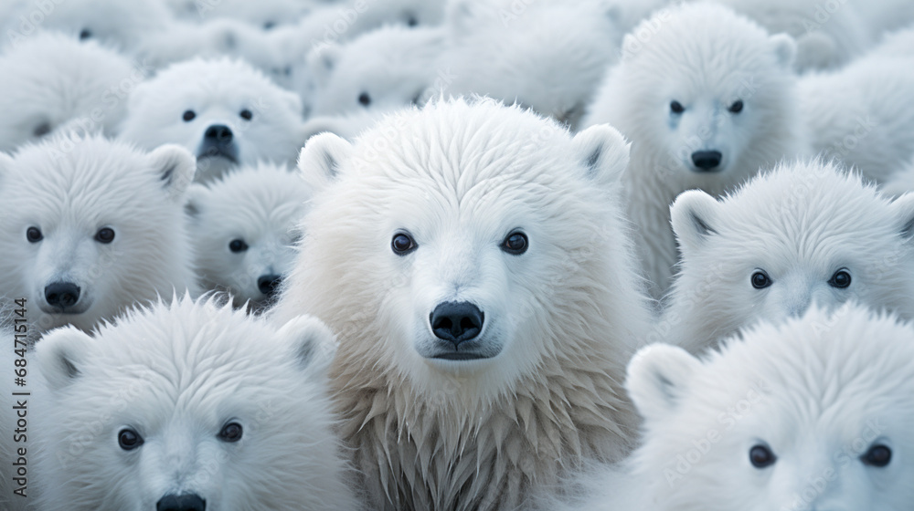 Polar bears portrayed in a panoramic parade of abstract patterns, symbolizing the strength and adaptability of these Arctic giants.