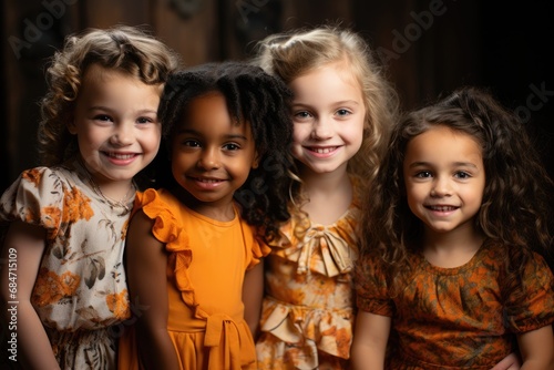 A group of little girls, standing side by side, pose for a photo with smiles on their faces. © Exclusive 