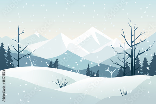 Simple winter landscape of mountains in snowy weather. Beautiful mountains, pine trees and trees without leaves in a cartoon style. Flat vector illustration for Christmas or New Year design. © LoveSan