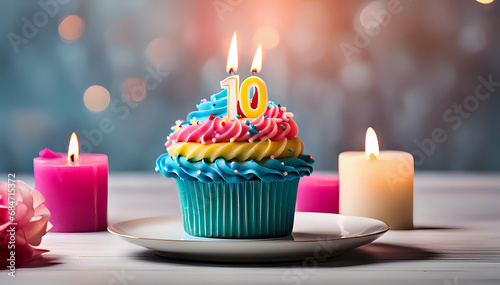 Birthday cupcake with lit birthday candle Number ten for ten years or tenth anniversary photo