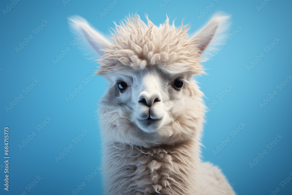 A fluffy Alpaca with a gentle gaze, photographed against a powdery blue background, emphasizing its woolly coat.