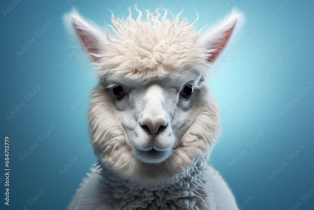 Naklejka premium A fluffy Alpaca with a gentle gaze, photographed against a powdery blue background, emphasizing its woolly coat.