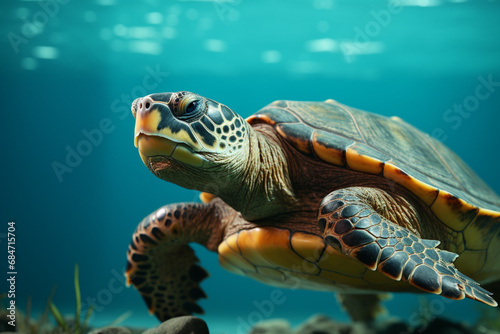 A serene turtle on a pastel green surface, the texture of its shell and calm expression making for a captivating image.