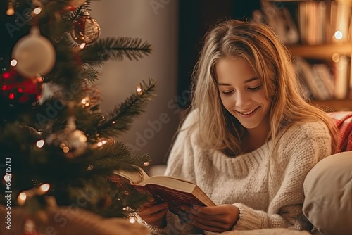 Woman reading a book near the Christmas tree in living room