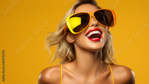 Happy young and smiling woman with copy space. Well dressed against solid background.