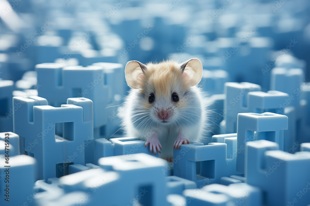Picture of A whimsical composition of a dwarf hamster navigating a pastel blue ...