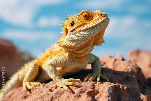 A serene shot of a bearded dragon perched on a pastel yellow rock, its textured scales and composed demeanor creating a captivating portrait.