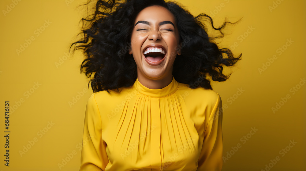 Happy young and smiling woman with copy space. Well dressed against solid background. Happy young and smiling woman with copy space. Well dressed against solid background.