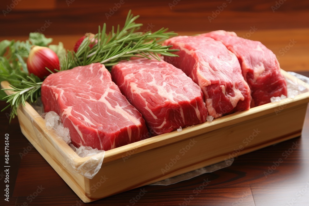A wooden tray filled with various cuts of raw meat placed on top of a sturdy table. A wooden tray filled with various cuts of raw meat placed on top of a sturdy table.
