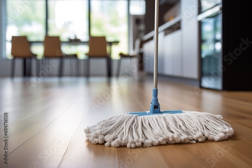 Detailed close-up of a mop, ready to tackle any mess on your sleek wooden floors.