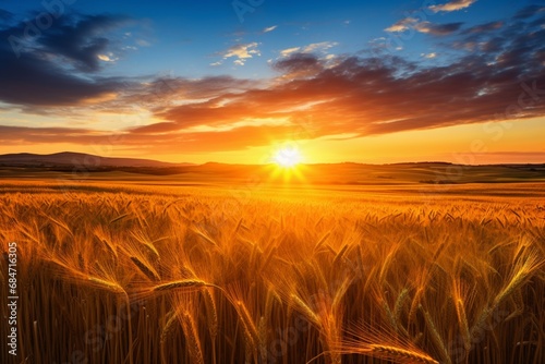 Piękny letni wschód słońca nad polami pszenicy