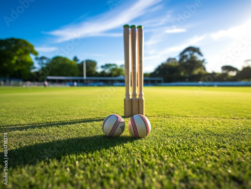 A vibrant cricket pitch with perfectly aligned stumps, ready for an exciting match to begin. photo
