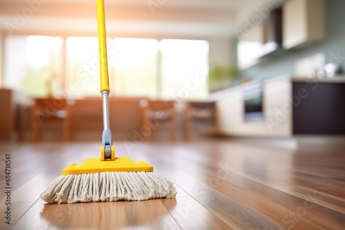 Detailed close-up of a mop, ready to tackle any mess on your sleek wooden floors.