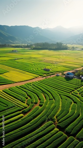 Paddy fields that have started to turn yellow, taken from an aerial view. AI generated image © Or