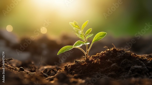 The seedling are growing from the rich soil to the morning sunlight that is shining, ecology concept. AI generated image