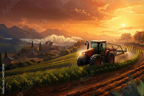 Tractor spraying pesticides on corn field with sprayer at spring. AI generated image
