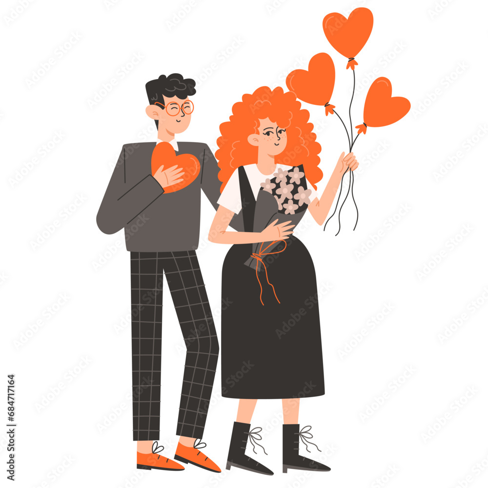 A woman stands next to a man and holds red balls in the shape of hearts for Valentine's Day