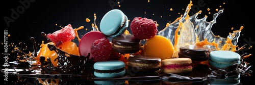 dynamic explosion of Assorted macarons and candy, with vibrant hues and particles suspended in motion against a dark, dramatic background, creating a sense of celebration and indulgence photo