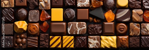 diverse assortment of various types of chocolates, top view banner photo