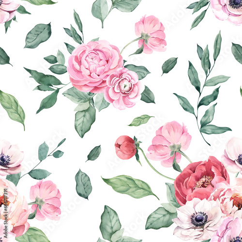 Watercolor Seamless Pattern with Peonies, Ranunculus and Anemones