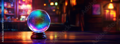 Multi-colored glowing magical fortune teller's crystal, lots of copy space