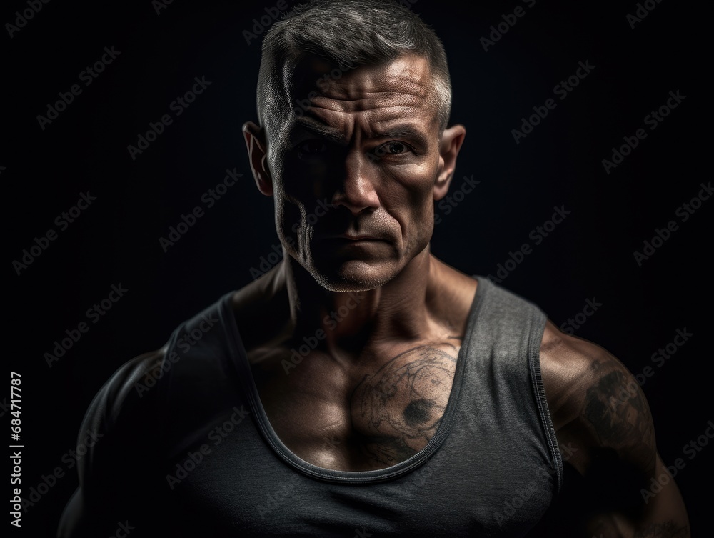 Man with tattoos posing in front of a dark background.