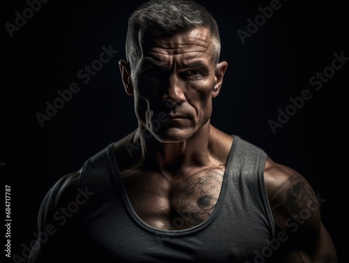 Man with tattoos posing in front of a dark background.