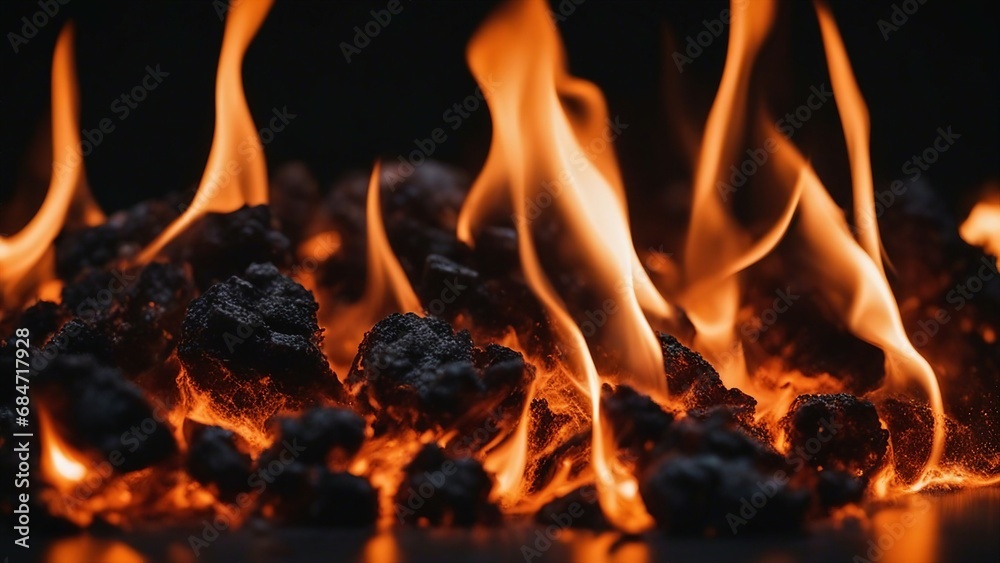 Fototapeta premium fire in the fireplace A burning texture with a black backdrop and a smooth gradient of orange fire 
