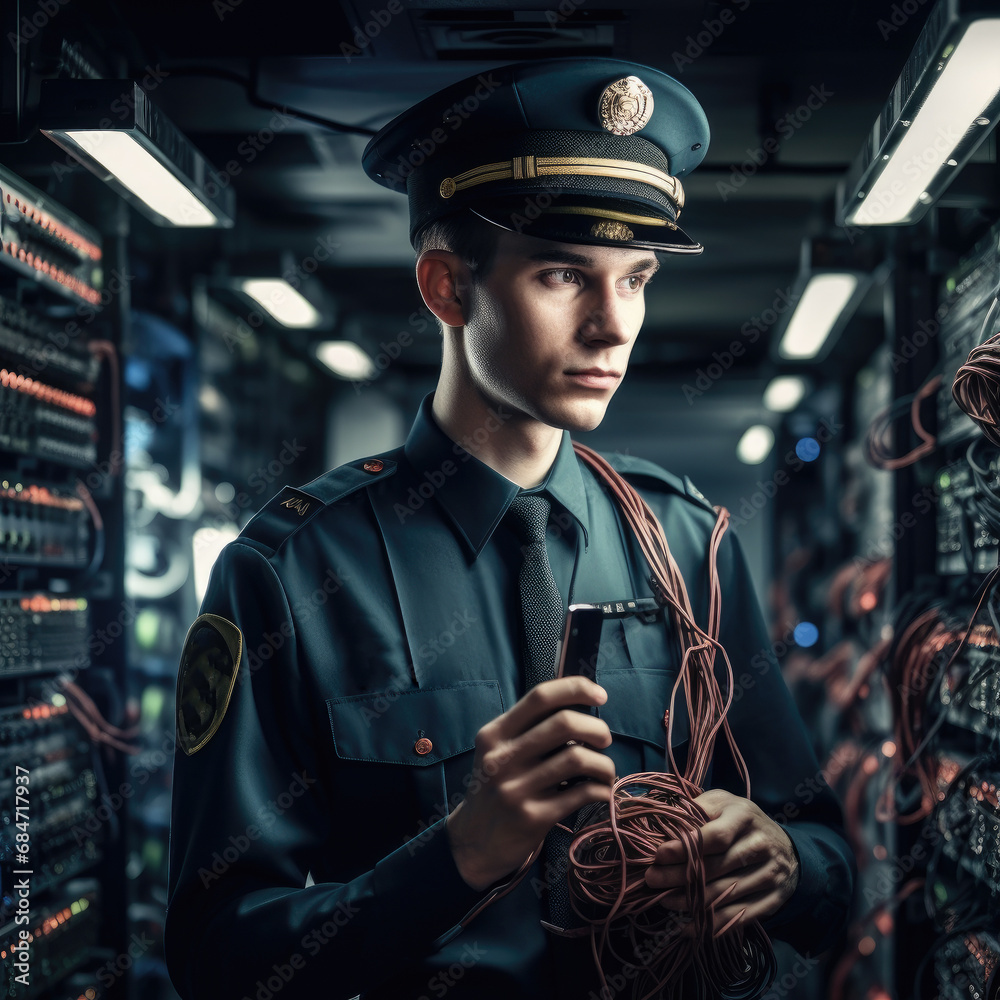 Young man in uniform standing in a server room with wires and cords on the floor. Young man in uniform standing in a server room with wires and cords on the floor.