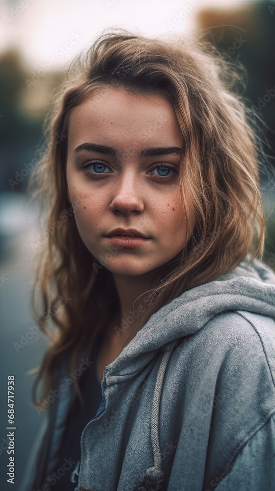Girl in a gray hoodie is staring at the camera. Girl in a gray hoodie is staring at the camera.