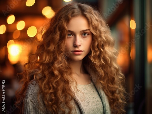 Beautiful girl with long curly hair standing in front of lights. © Tamazina