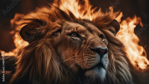 portrait of a lion A fierce lion with a tribal tattoo and a mane of flames 