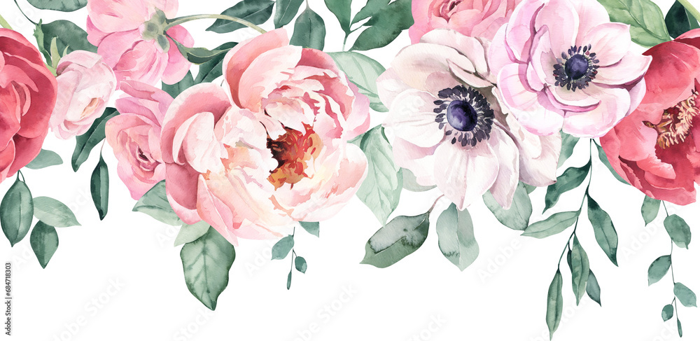 Watercolor Seamless Border with Peonies, Ranunculus and Anemones