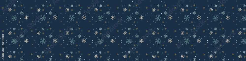Facebook cover, social media header, web banner. Simple Christmas card with geometric motifs. Snowflakes and circles. Retro textile collection. On dack blue background - obrazy, fototapety, plakaty 