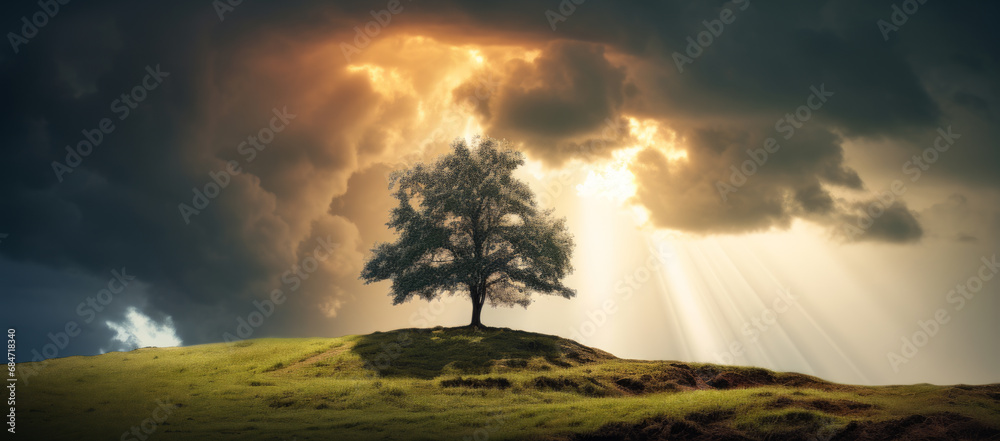 single tree on hill with dramatic clouds and thunderstorm