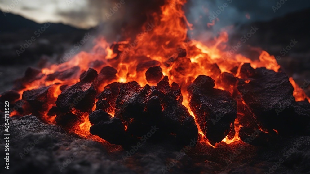 fire burning in the fireplace A pile of red and orange coals smolders in the foreground, contrasted by the dark and cloudy mountains in the background fire burning in the fireplace A pile of red and orange coals smolders in the foreground, contrasted by the dark and cloudy mountains in the background