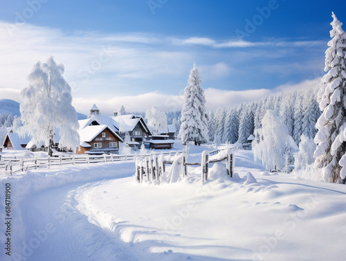 A picturesque winter scene featuring a delightful snow-covered village in a magical wonderland.