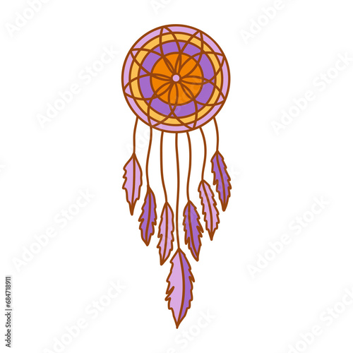 Dreamcatcher with feathers and flower. Protective amulet against insomnia and nightmares. Colorful vector illustration isolated, ethnic symbol. Hand drawn icon doodle