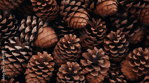 Beautiful texture background of Christmas tree cones. Pine cones closeup. Stylish pattern. Holiday season. New Year's and Merry Christmas. Magic time. Happy celebration winter event. Generated AI
