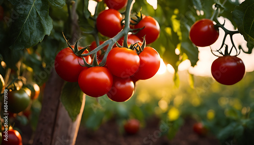 A bountiful tomato garden features vines heavy with ripe red tomatoes illuminated by sunlight, showcasing nature's seasonal abundance