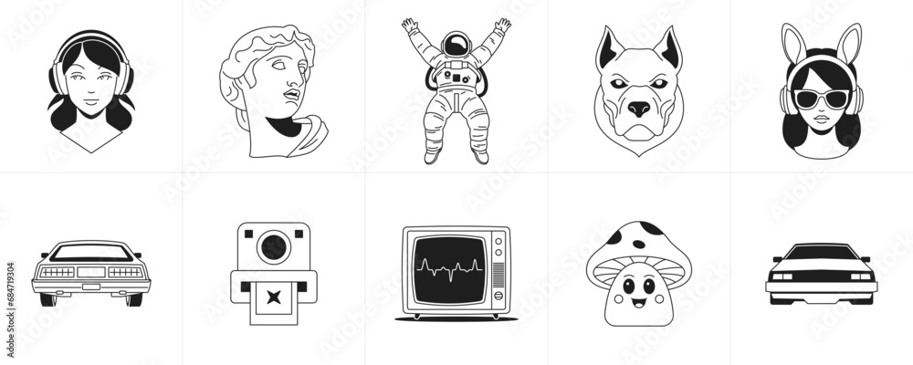 Retro groovy surreal trendy cartoon characters monochrome line elements icon set vector - obrazy, fototapety, plakaty 