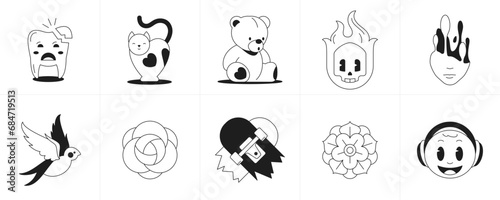 Trendy retro groovy stickers monochrome cartoon characters and elements line icon set vector
