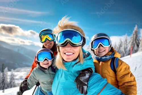 Familie mit zwei Kindern beim Ski fahren 
