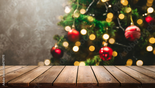 Empty wooden table with Christmas theme in background