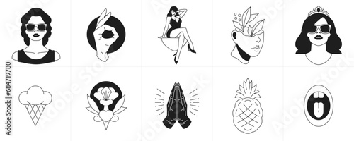 Retro groovy monochrome stickers tattoo cartoon characters and elements icon set vector