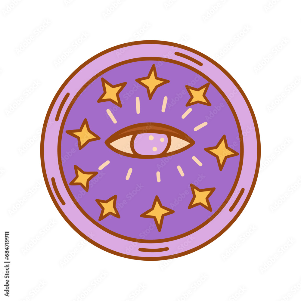 Stylish purple plate with third eye in center and yellow stars. Theme of spirituality and awareness. Kitchen utensils, tableware. Colorful vector isolated illustration hand drawn doodle icon clip art Stylish purple plate with third eye in center and yellow stars. Theme of spirituality and awareness. Kitchen utensils, tableware. Colorful vector isolated illustration hand drawn doodle icon clip art