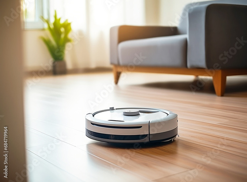A modern robot vacuum cleaner works in a modern room. Works remotely.