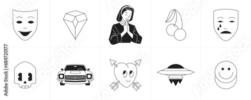 Comic retro groovy surreal cartoon characters monochrome line icon set vector illustration